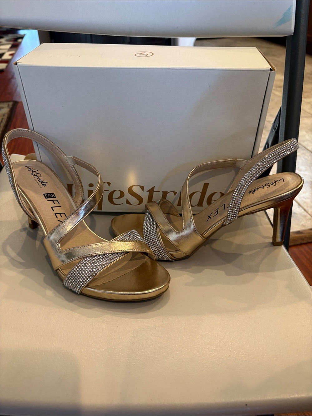 Life Stride Flex-Gold Strappy Dress Sandals with Rhinestone Detail